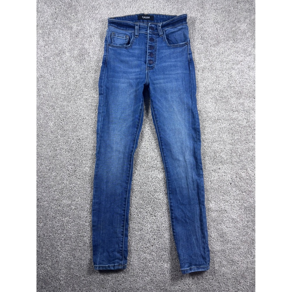 Kassim Denim Jeans Womens Blue High Rise Button Fly Distressed Size‎ 26